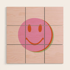 70s retro pink smiles pattern Wood Wall Art