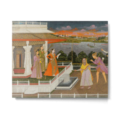 A blindfolded suitor is brought before a princess; verso/ scrolling floral vines 1755 Fayzullah Indian Miniature Painting Metal Print