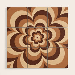 70s Retro Flower Power in Coffee Brown Wood Wall Art