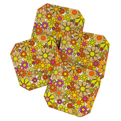 70s Retro Flowers Gingham Floral Pattern Orange Yellow Cream Coaster