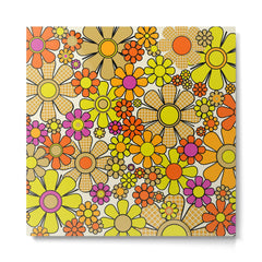70s Retro Flowers Gingham Floral Pattern Orange Yellow Cream Metal Print