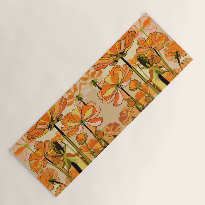 70s, Orange California poppies, mid century, 70s retro, flowers Yoga Mat