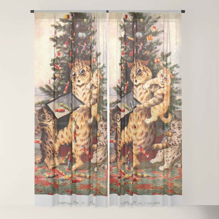 Christmas Time In Catland' Louis Wain Vintage Cat Window Curtain