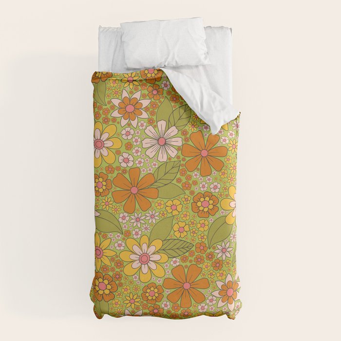 1960s, 1970s Retro Floral in Green, Pink & Orange - Flower Power Duvet Cover