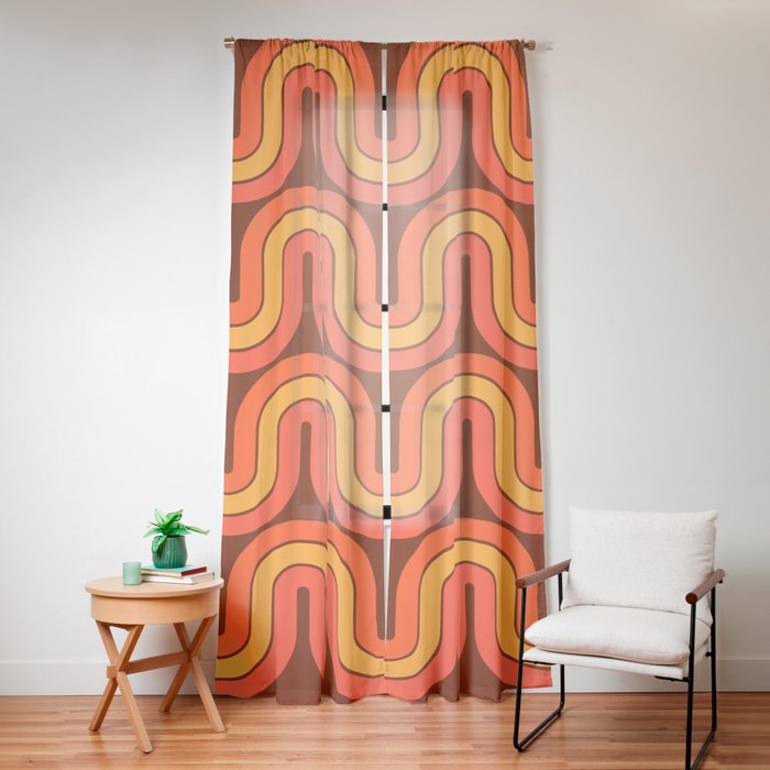 70s Retro Vintage Style Geometric Pattern Autumn Brown Orange and Yellow Window Curtain