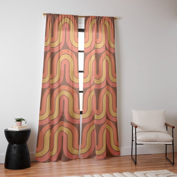70s Retro Vintage Style Geometric Pattern Autumn Brown Orange and Yellow Window Curtain