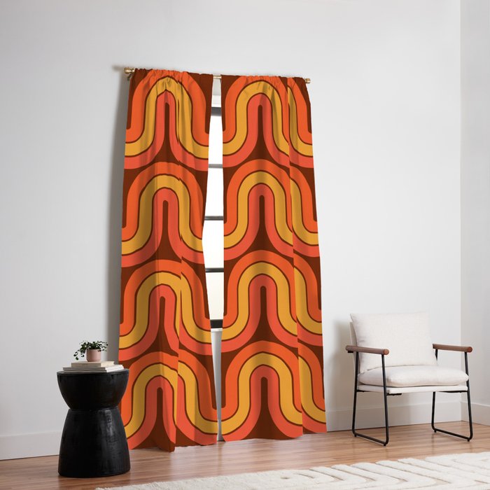 70s Retro Vintage Style Geometric Pattern Autumn Brown Orange and Yellow Window Curtain