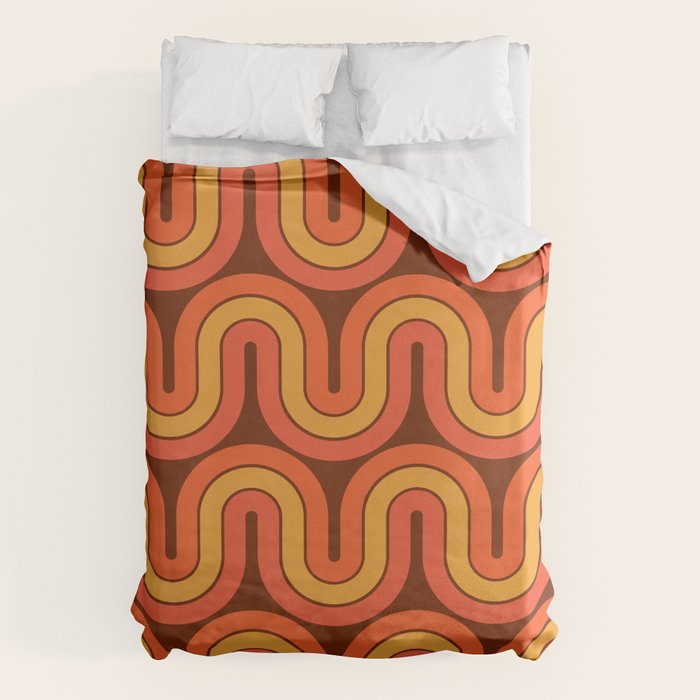 70s Retro Vintage Style Geometric Pattern Autumn Brown Orange and Yellow Duvet Cover