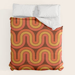 70s Retro Vintage Style Geometric Pattern Autumn Brown Orange and Yellow Duvet Cover