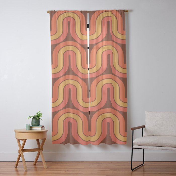 70s Retro Vintage Style Geometric Pattern Autumn Brown Orange and Yellow Window Curtain