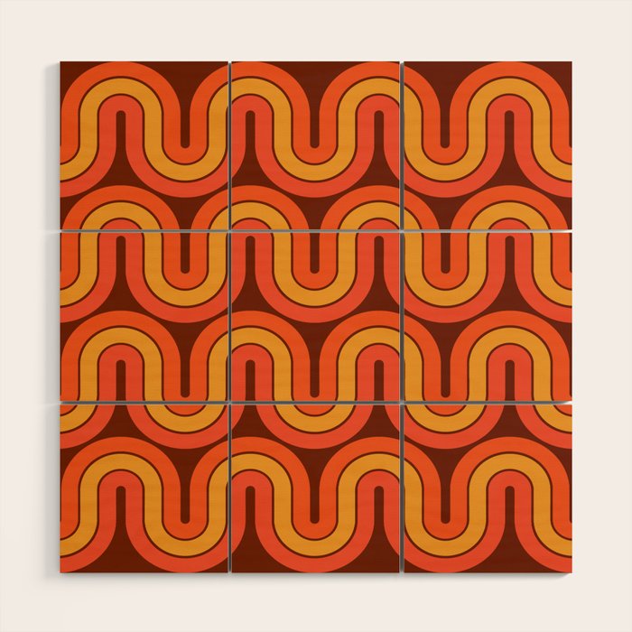 70s Retro Vintage Style Geometric Pattern Autumn Brown Orange and Yellow Wood Wall Art