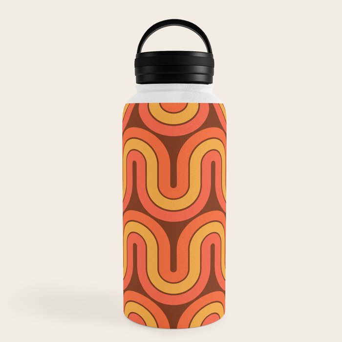 70s Retro Vintage Style Geometric Pattern Autumn Brown Orange and Yellow Water Bottle