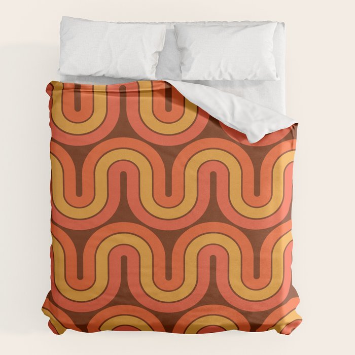 70s Retro Vintage Style Geometric Pattern Autumn Brown Orange and Yellow Duvet Cover