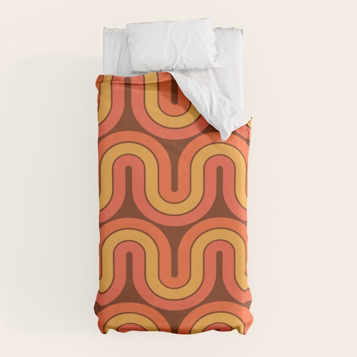 70s Retro Vintage Style Geometric Pattern Autumn Brown Orange and Yellow Duvet Cover