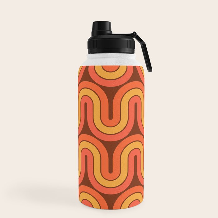 70s Retro Vintage Style Geometric Pattern Autumn Brown Orange and Yellow Water Bottle