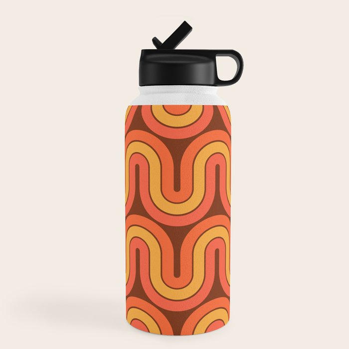 70s Retro Vintage Style Geometric Pattern Autumn Brown Orange and Yellow Water Bottle