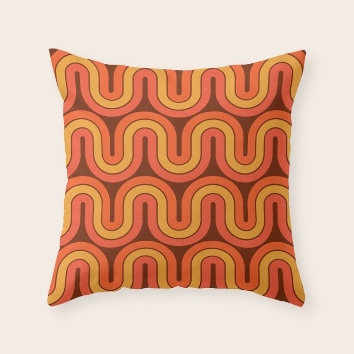 70s Retro Vintage Style Geometric Pattern Autumn Brown Orange and Yellow Throw Pillow