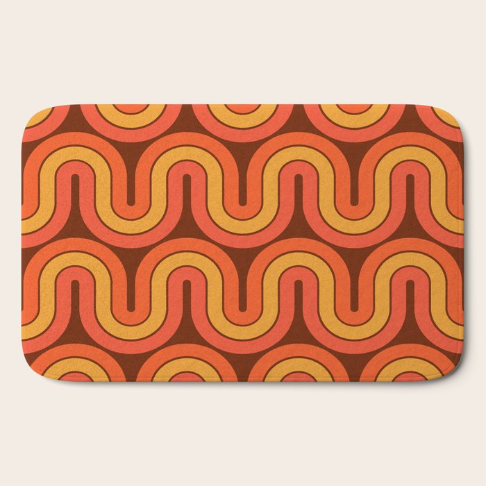 70s Retro Vintage Style Geometric Pattern Autumn Brown Orange and Yellow Bath Mat