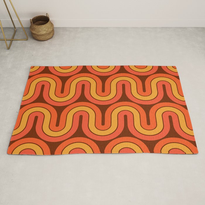 70s Retro Vintage Style Geometric Pattern Autumn Brown Orange and Yellow Rug