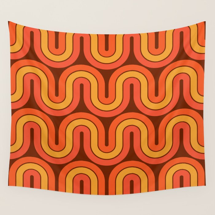 70s Retro Vintage Style Geometric Pattern Autumn Brown Orange and Yellow Wall Tapestry