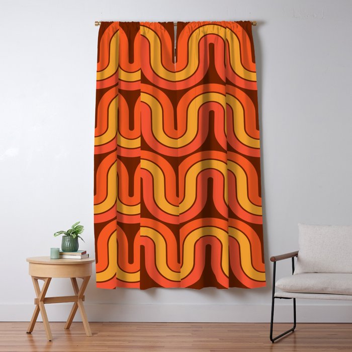 70s Retro Vintage Style Geometric Pattern Autumn Brown Orange and Yellow Window Curtain