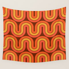 70s Retro Vintage Style Geometric Pattern Autumn Brown Orange and Yellow Wall Tapestry