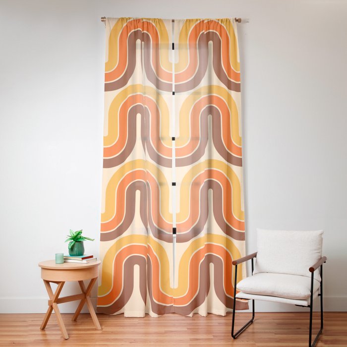 70s Retro Vintage Style Wave Pattern Autumn Brown Orange and Yellow Window Curtain