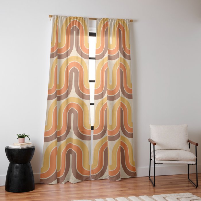 70s Retro Vintage Style Wave Pattern Autumn Brown Orange and Yellow Window Curtain