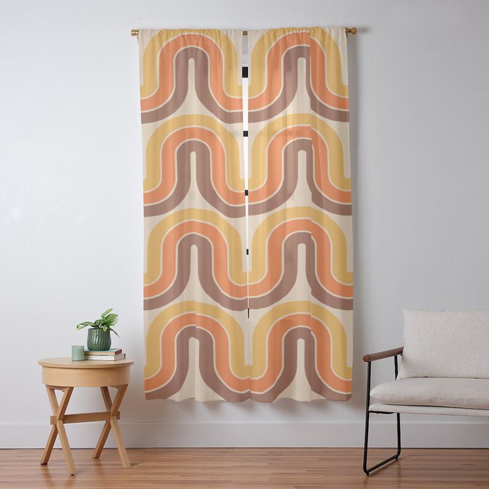 70s Retro Vintage Style Wave Pattern Autumn Brown Orange and Yellow Window Curtain