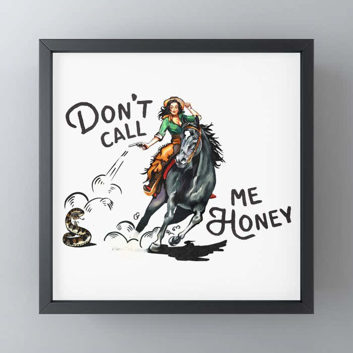 "Don't Call Me Honey" Cowgirl On Horseback Shooting a Rattlesnake Mini Art Print