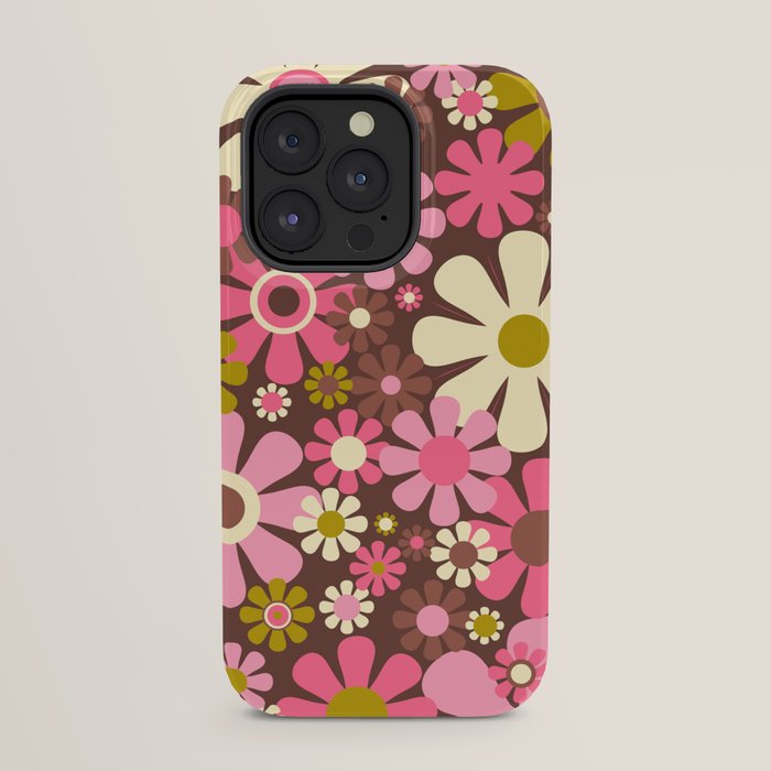 60s 70s Retro Floral Garden Cheerful Flower Pattern in Brown Pink Avocado iPhone Case