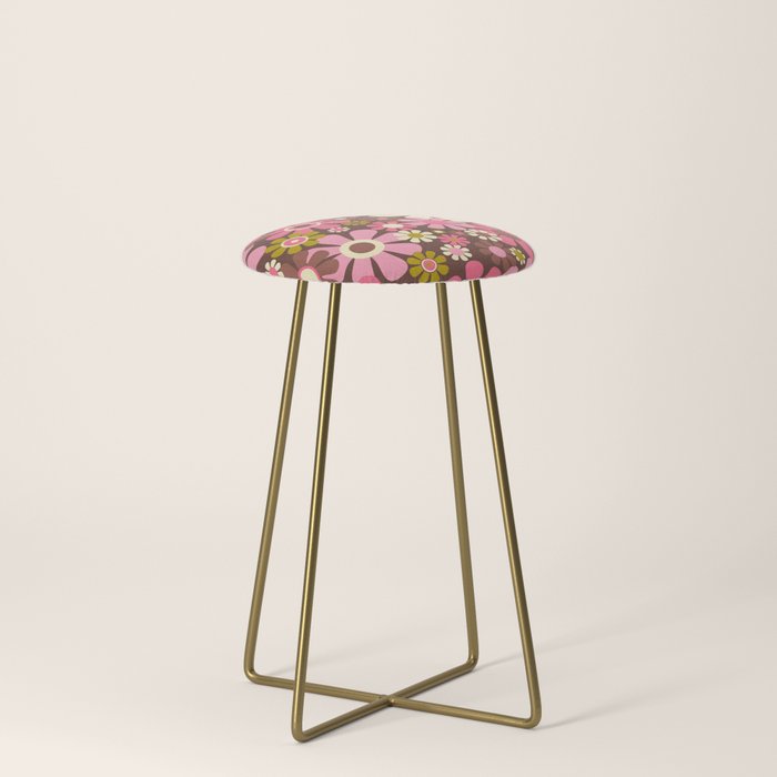 60s 70s Retro Floral Garden Cheerful Flower Pattern in Brown Pink Avocado Stool