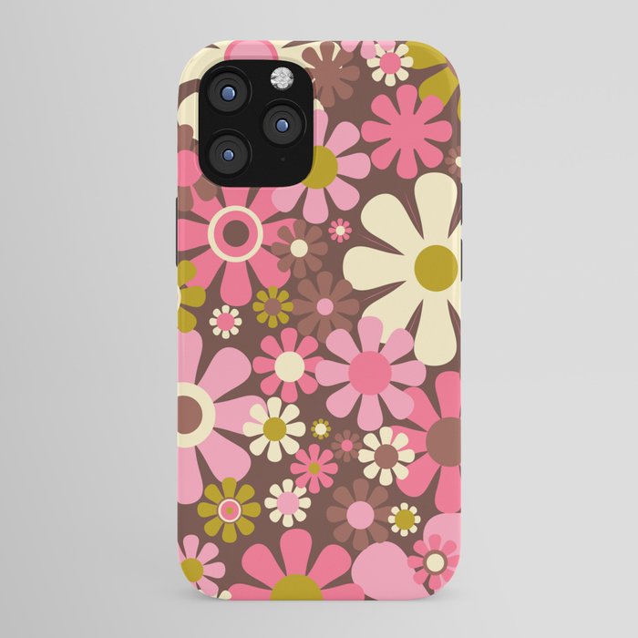 60s 70s Retro Floral Garden Cheerful Flower Pattern in Brown Pink Avocado iPhone Case