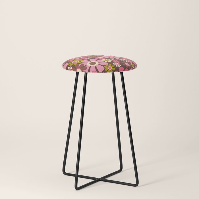 60s 70s Retro Floral Garden Cheerful Flower Pattern in Brown Pink Avocado Stool