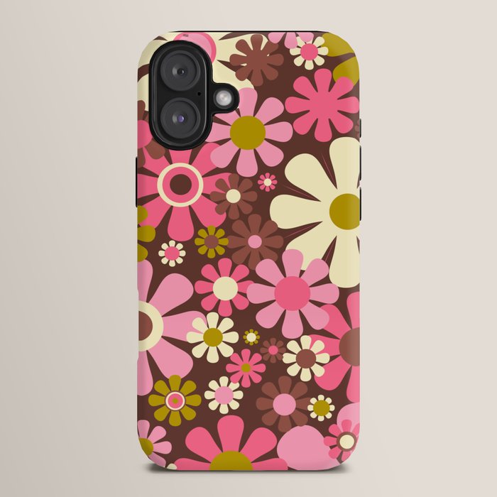 60s 70s Retro Floral Garden Cheerful Flower Pattern in Brown Pink Avocado iPhone Case