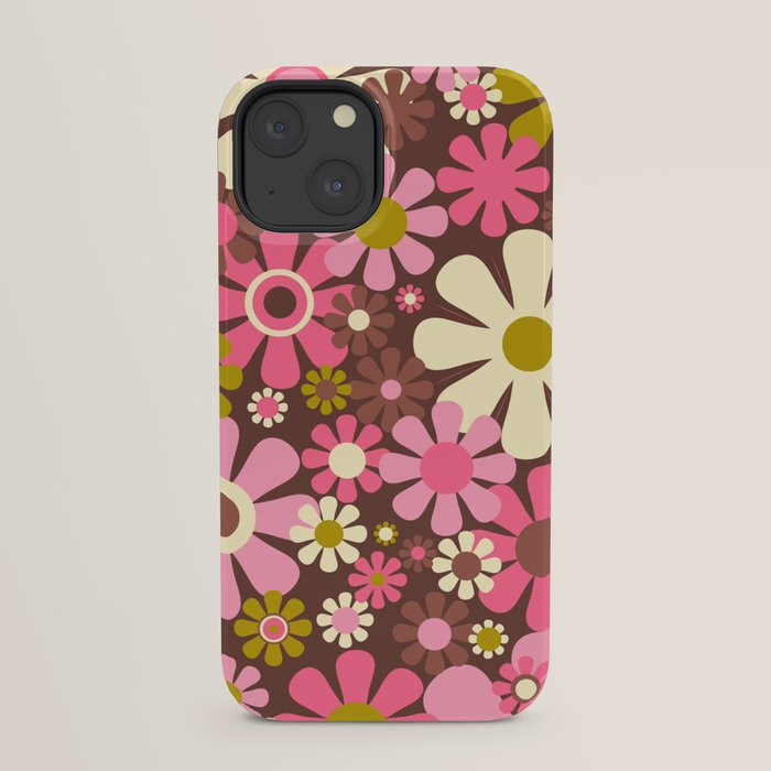60s 70s Retro Floral Garden Cheerful Flower Pattern in Brown Pink Avocado iPhone Case