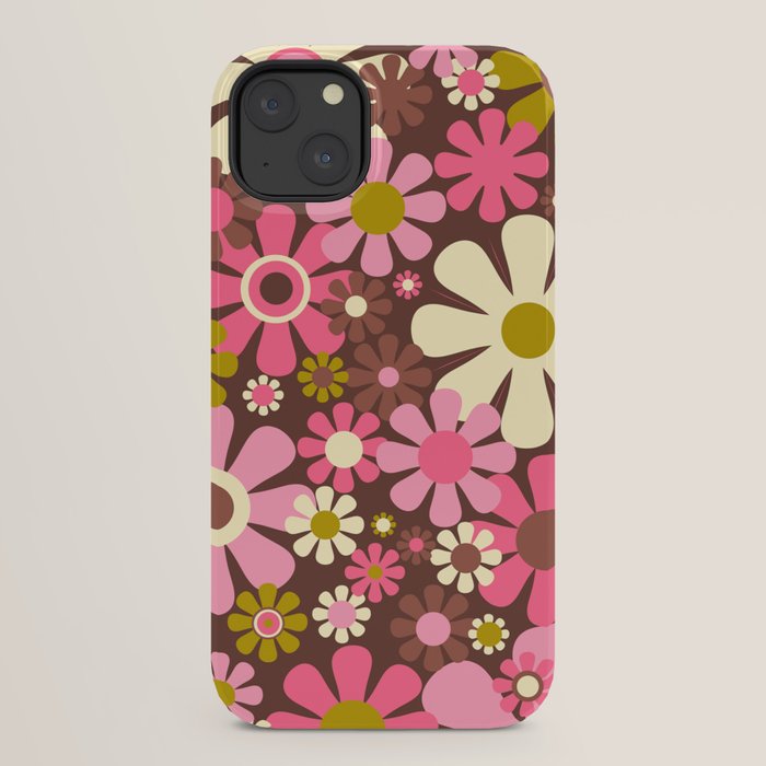 60s 70s Retro Floral Garden Cheerful Flower Pattern in Brown Pink Avocado iPhone Case