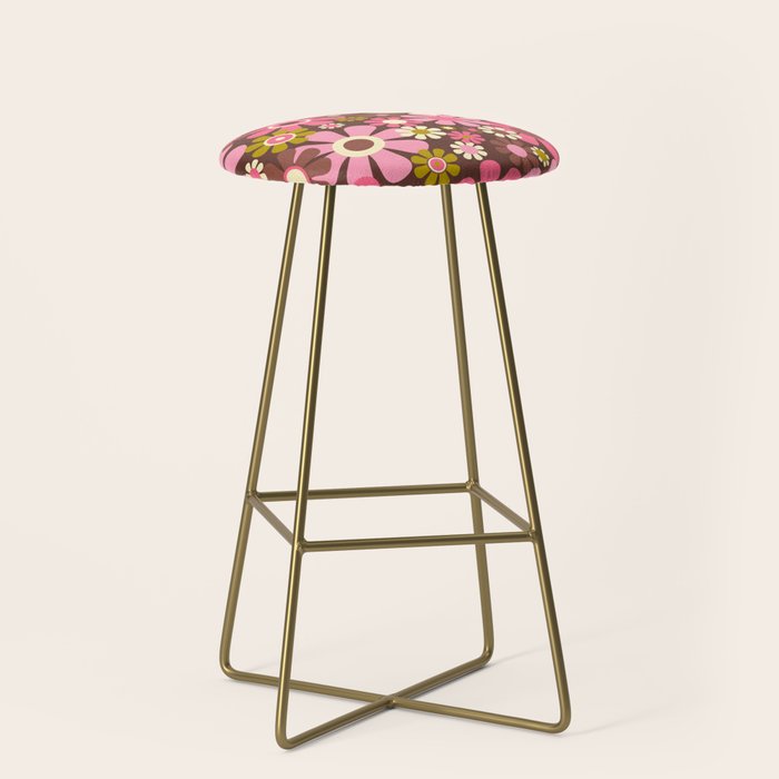 60s 70s Retro Floral Garden Cheerful Flower Pattern in Brown Pink Avocado Stool