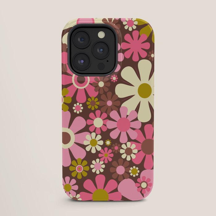 60s 70s Retro Floral Garden Cheerful Flower Pattern in Brown Pink Avocado iPhone Case