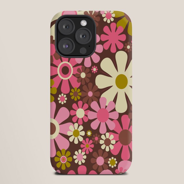 60s 70s Retro Floral Garden Cheerful Flower Pattern in Brown Pink Avocado iPhone Case
