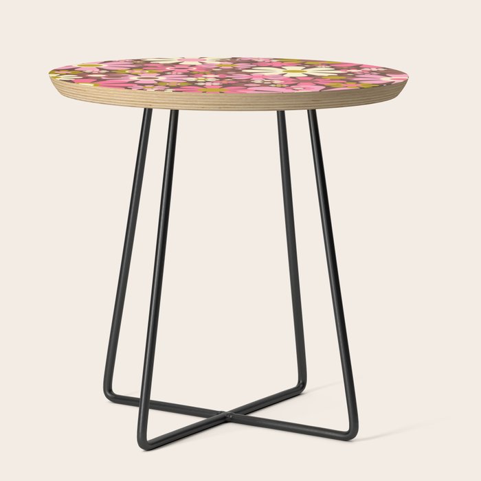 60s 70s Retro Floral Garden Cheerful Flower Pattern in Brown Pink Avocado Side Table