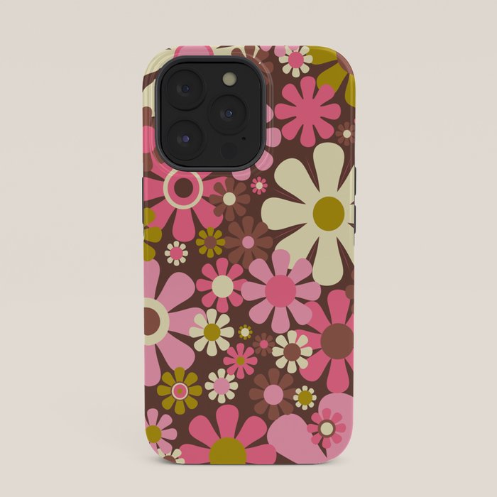 60s 70s Retro Floral Garden Cheerful Flower Pattern in Brown Pink Avocado iPhone Case