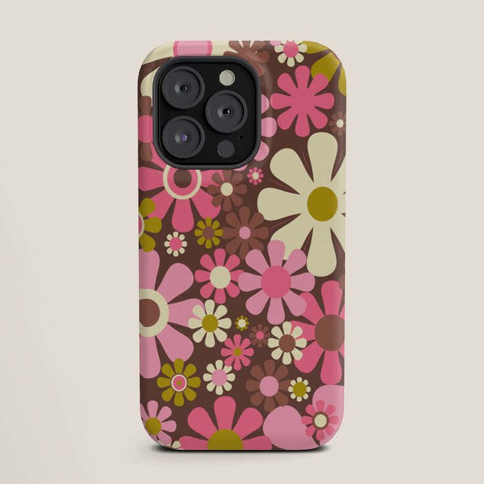 60s 70s Retro Floral Garden Cheerful Flower Pattern in Brown Pink Avocado iPhone Case