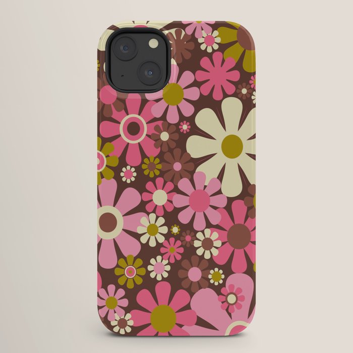 60s 70s Retro Floral Garden Cheerful Flower Pattern in Brown Pink Avocado iPhone Case