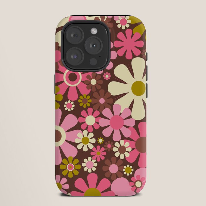 60s 70s Retro Floral Garden Cheerful Flower Pattern in Brown Pink Avocado iPhone Case