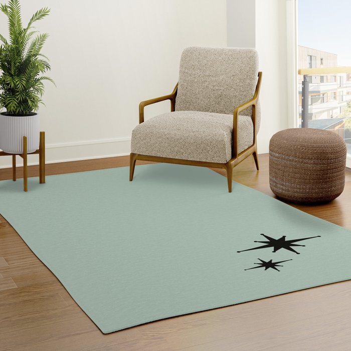 1950s Atomic Age Minimalist Starburst Pair in Black and 50s Celadon Teal Solid Rug
