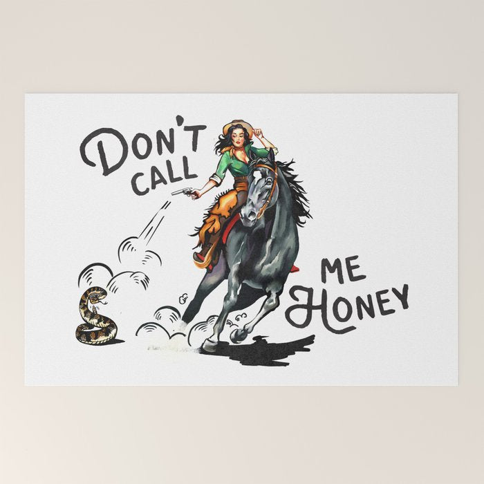 "Don't Call Me Honey" Cowgirl On Horseback Shooting a Rattlesnake Welcome Mat