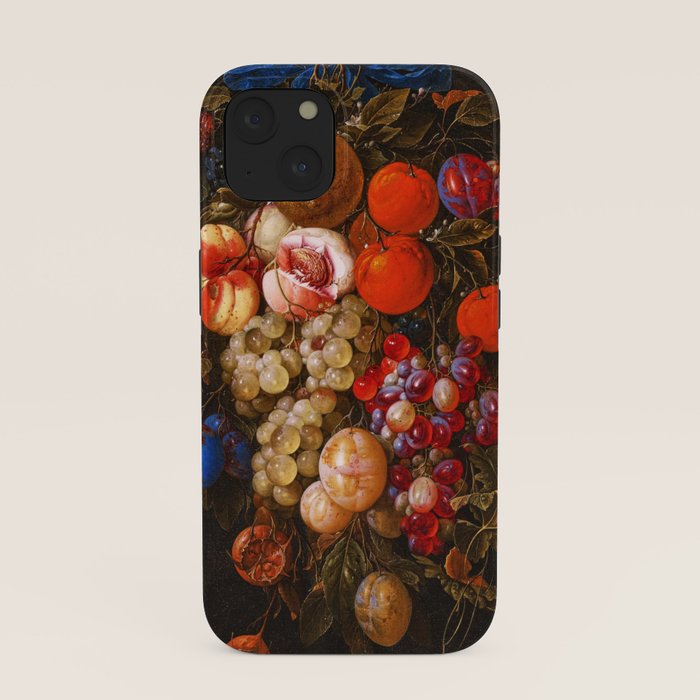A festoon of fruit hanging from a blue ribbon 1670 still life portrait painting by Cornelis de Heem iPhone Case