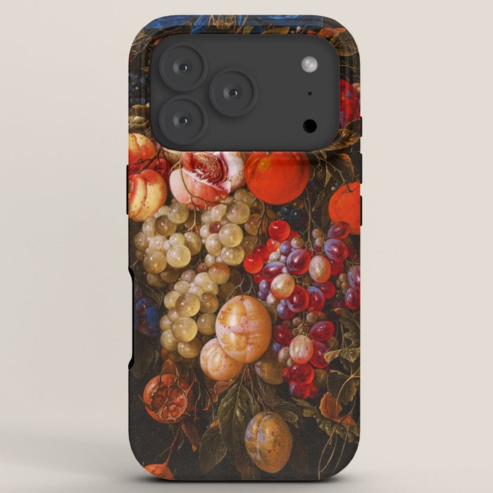 A festoon of fruit hanging from a blue ribbon 1670 still life portrait painting by Cornelis de Heem iPhone Case
