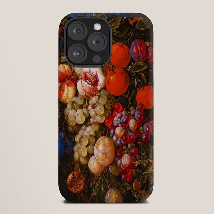 A festoon of fruit hanging from a blue ribbon 1670 still life portrait painting by Cornelis de Heem iPhone Case
